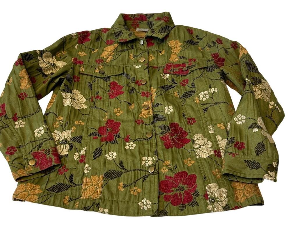 Chico's Women's Floral Embroidered Jacket Sz 1 (M) Green Cottagecore Boho